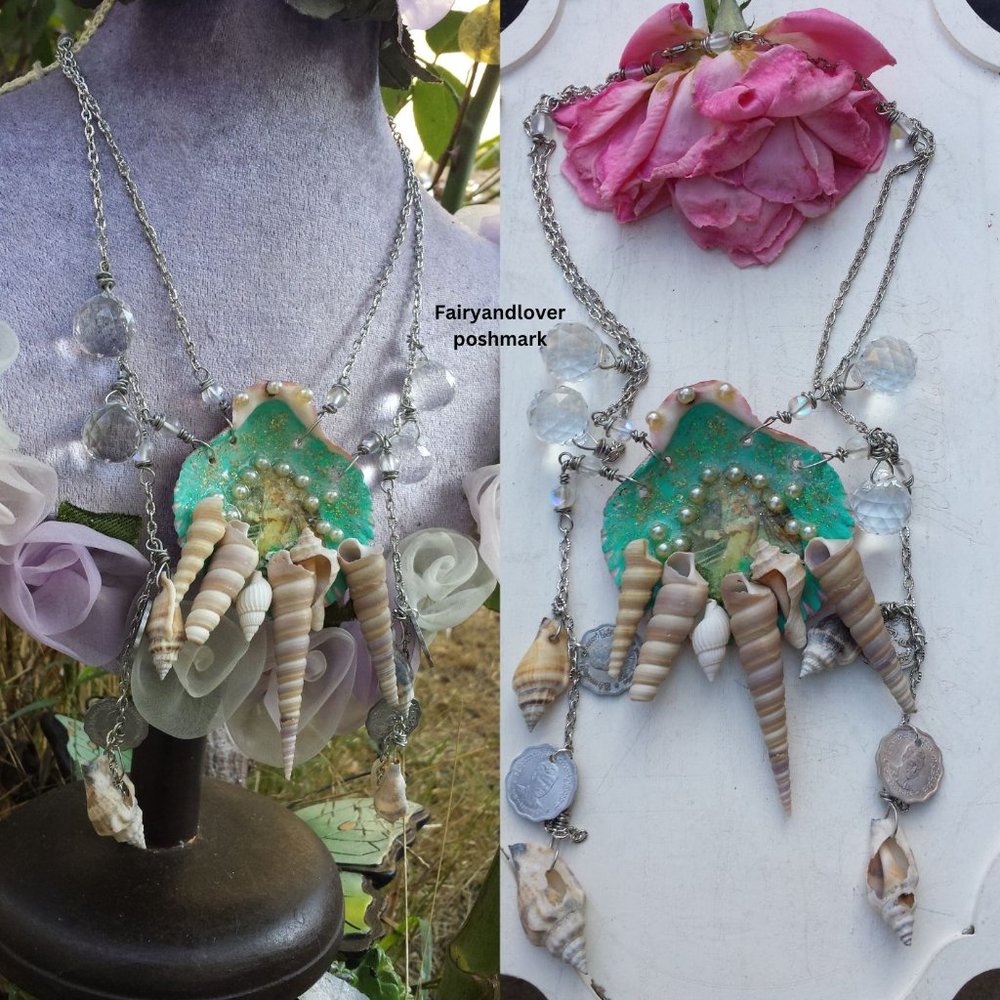 Mermaids ocean treasures chandelier prism crystal glass quartz seashell necklace